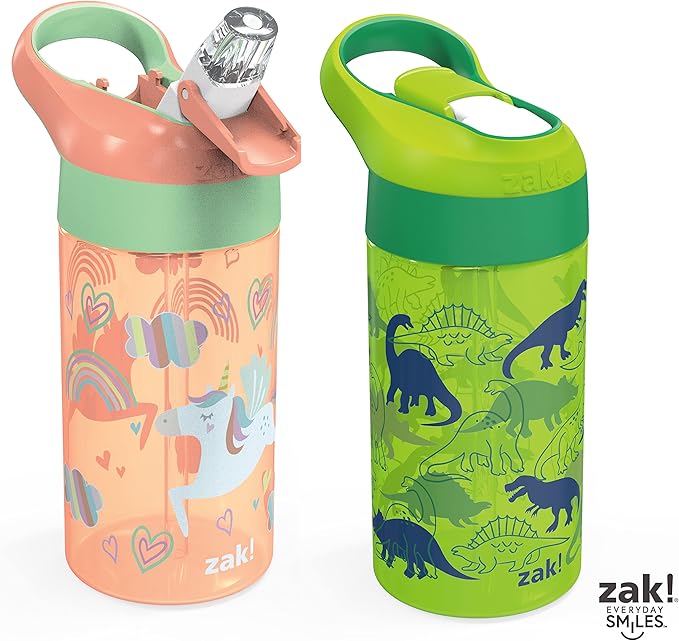 Zak Designs 16oz Riverside Kids Water Bottle with Spout Cover and Built-in Carrying Loop, Made of Durable Plastic, Leak-Proof Water Bottle Design for Travel (Unicorn & Dino Camo, Pack of 2)