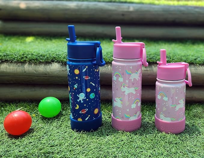 CHILLOUT LIFE 17 oz Kids Insulated Water Bottle for School with Straw Lid Leakproof and Cute Waterproof Stickers, Personalized Stainless Steel Thermos Flask Metal Water Bottle, Blue Space
