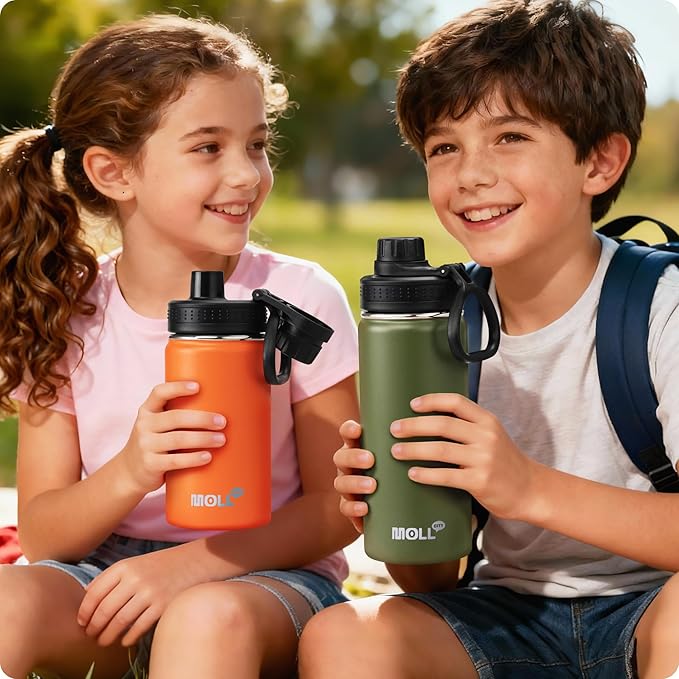 Kids Water Bottle for School 16 oz Stainless Steel Double Wall Vacuum Insulated Sports Water Bottle Leak Proof-Reusable Metal Flask with Silicone Boot for Travel, BPA-Free(Grass Green)