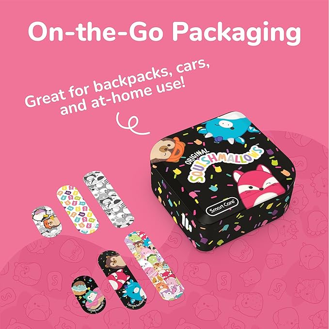 Smart Care Squishmallow Bandage Kit, Cute Bandages for Kids, Infants & Children, Latex-Free, Assorted Variety Pack with Travel Size Tin Case, 100CT