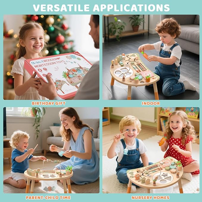 Wooden Activity Table for Toddlers 1-3, 9 in 1 Montessori Sensory Table with Bead Maze Shape Sorter Fishing Game, Baby Activity Center Learning Toys for 1 2 3 Year Old Boys Girls