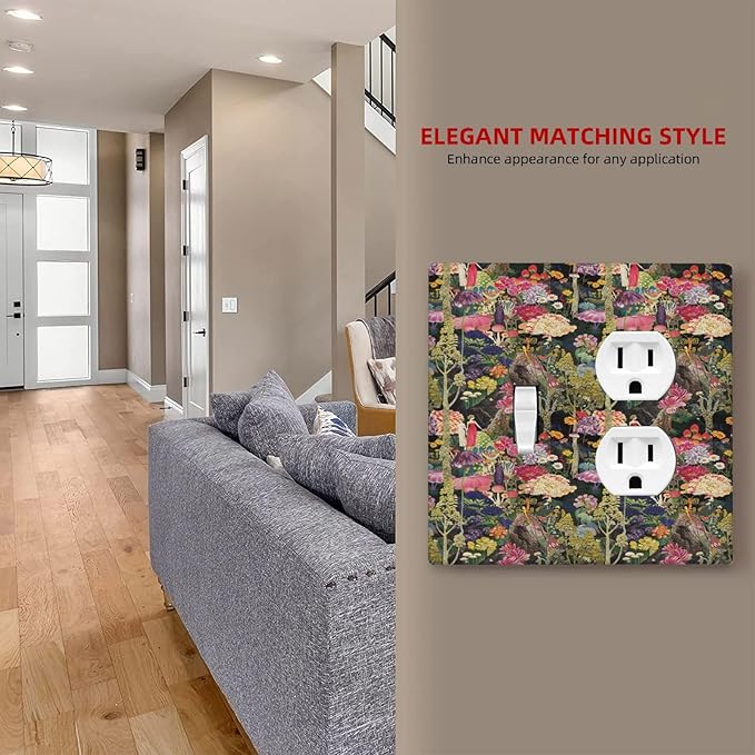 Dreamy Tropical Rainforest Colorful Mushroom Wildflower Wallplates 1 Toggle 1 Duplex Switch Plate Electrical GFCI Faceplate Decorative Light Switch Covers for Farmhouse Kids Room Decor