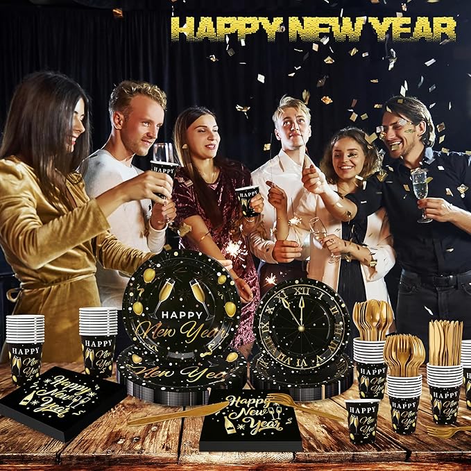 168pcs Happy New Year Party Supplies, Black and Gold Paper Plates Napkins Cups and Gold Cutlery for 24 Guests, 2026 New Year Disposable Tableware Supplies for Party Decorations
