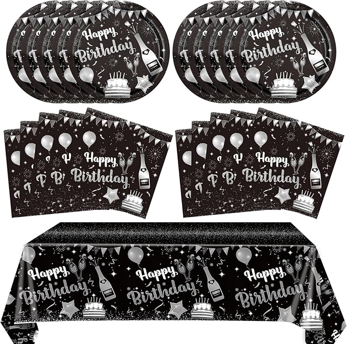 41PCS Black and Silver Birthday Decorations Happy Birthday Disposable Tableware Decor Plates Napkins Tableclot Set for Men Women Service20