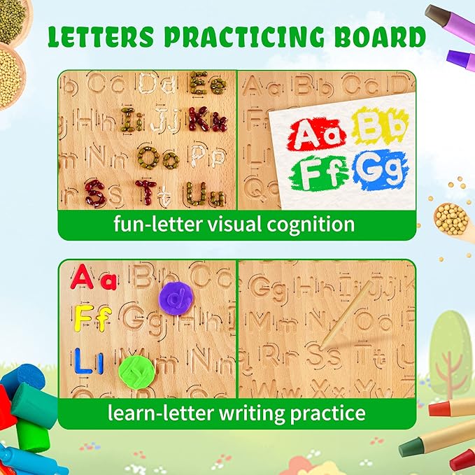 LearnToy Montessori Wooden Alphabet Tracing Board - Educational Toy for Kids - Fine Motor Skills Development - Double-Sided Writing Practice - Ideal Gift for Preschool 3-5 Years Old.