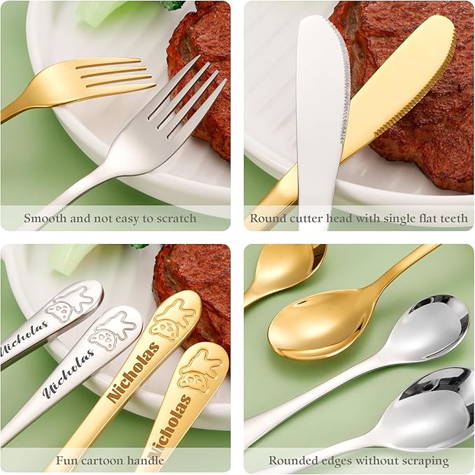Customized Toddler 4pcs Set Tableware, BUGMKCS Personalized Kids Utensils and Toddler Supplies, 304 Stainless Steel Children Forks and Silverware with Name for Feeding, Kids Cutlery Set