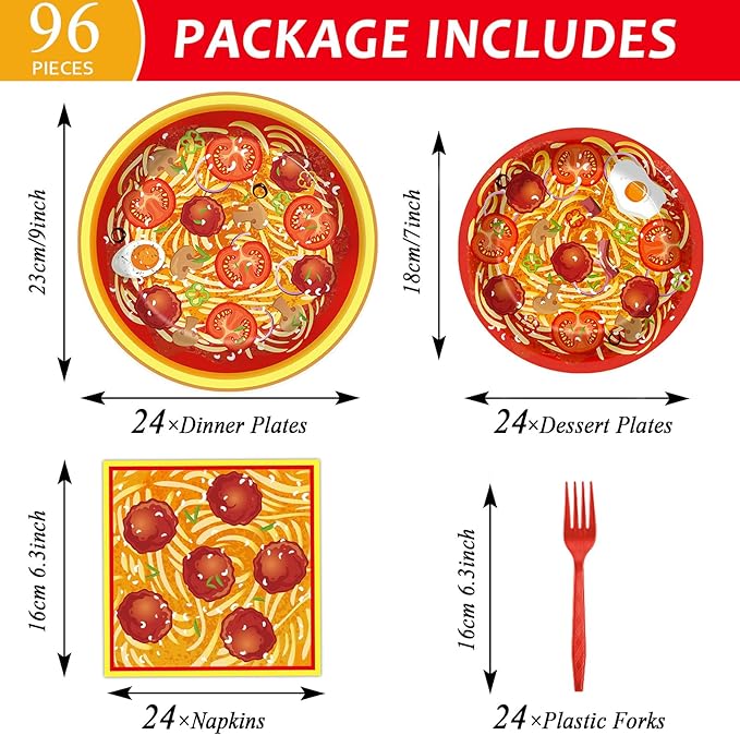 gisgfim 96 Pcs Spaghetti Plates and Napkins Pasta Party Supplies Tomato Meatball Birthday Party Paper Tableware Set Pasta Theme Decorations Favors for Family Gathering Dining for 24 Guests