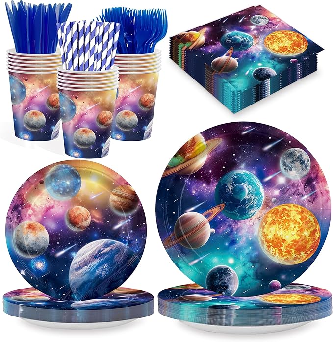 168PCS Planet Party Supplies for Girls Boys Space Themed Happy Birthday Party Decorations Galaxy Planet Outer Space Paper Plates Napkin Cups Forks Knives Straw Tableware for 24 Guests