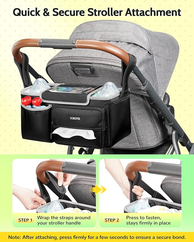 YOREPEK Spacious Stroller Caddy Fits for UPPAbaby Vista/Minu/Cruz, Adjustable Stroller Organizer with 2 Insulated Cup Holders, Easy-clean Stroller Bag for Travel, Walks, Accessories, Baby Essentials