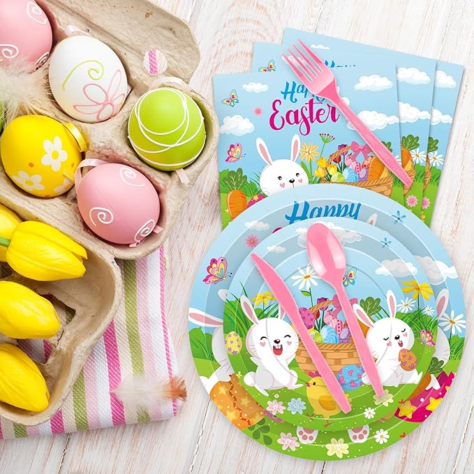 175 Pcs Easter Day Tableware Set - Serves 25, Happy Easter Bunny and Egg Disposable Plates, Cups, Napkins, Forks, Spoons, Knives for Spring Gatherings, and Kids' Birthday Party Supplies