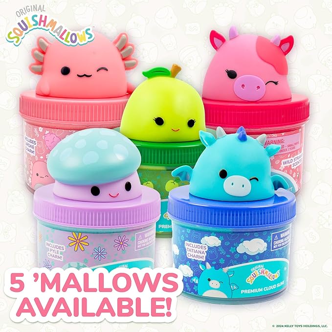 Original Squishmallows Ashely The Apple Premium Cloud Slime, Green Apple-Scented, 8 oz., Storage Container with Figurine Topper, Rubber Charm, Goodie Bags Stuffers, Kids Party Favors, Sensory Toys