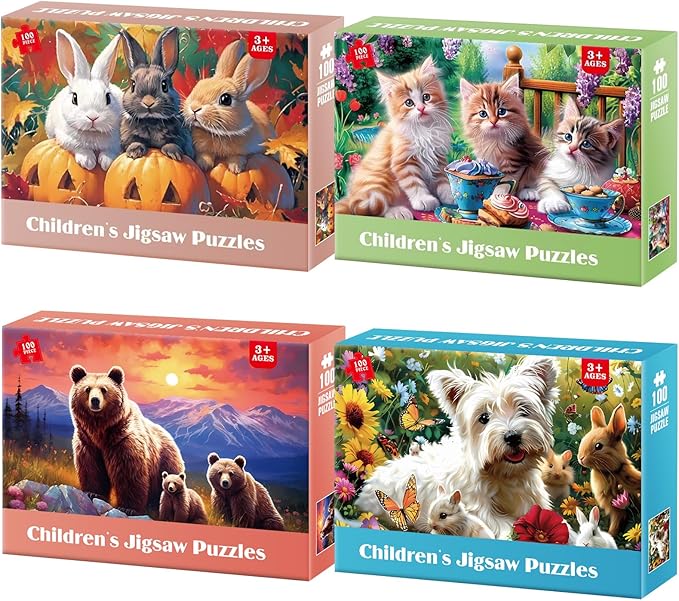 Jeacirio 4 Packs 100 Piece Puzzles for Kids Ages 4-6 - Lovely Animals Large Piece Jigsaw Puzzles for Seniors Educational Toys Gifts Kids Puzzle for 4 5 6 7 8 9 Year Olds Boys Girls