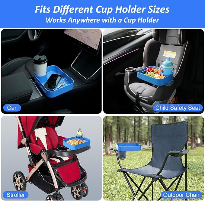 Car Seat Snack Tray for Kids, Mess-Free Square Travel Tray Cup Holder Snack Tray, Durable Car Food Tray for Toddlers, Universal Fit Kids Travel Road Trip Essentials (blue)
