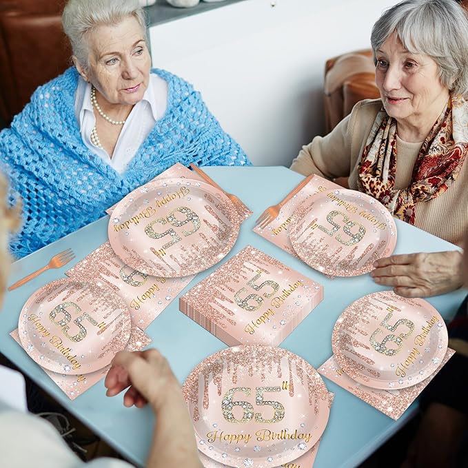 CHUNNIN 96Pcs 65th Birthday Decorations Pink Rose Gold Paper Plates Napkins Forks Set 65 Year Old Tableware Party Supplies Disposable Rose Gold Dinnerware Table Decor Favors for Women Serves 24