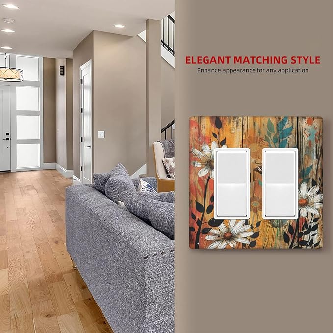 Light Switch Cover Plate Vintage Wooden Daisies Butterflies Floral 2 Gang Double Rocker Outlet Covers Decorative Switch plates Electrical Wall Plates GFCI Receptacle for Bathroom Farmhouse
