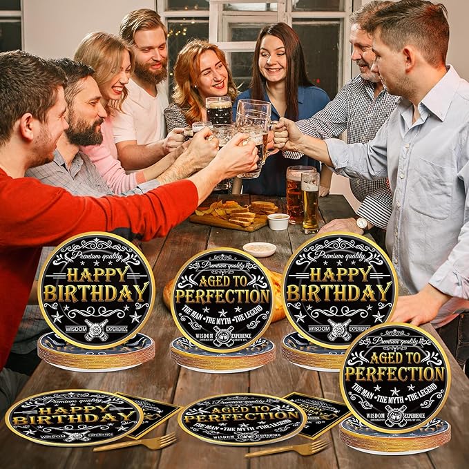 96 Pcs Aged to Perfection Party Plates Napkins Tableware Set Vintage Theme Birthday Supplies Disposable Dinnerware Black Gold Happy Birthday Party Decoration Favors for Men, 24 Guests