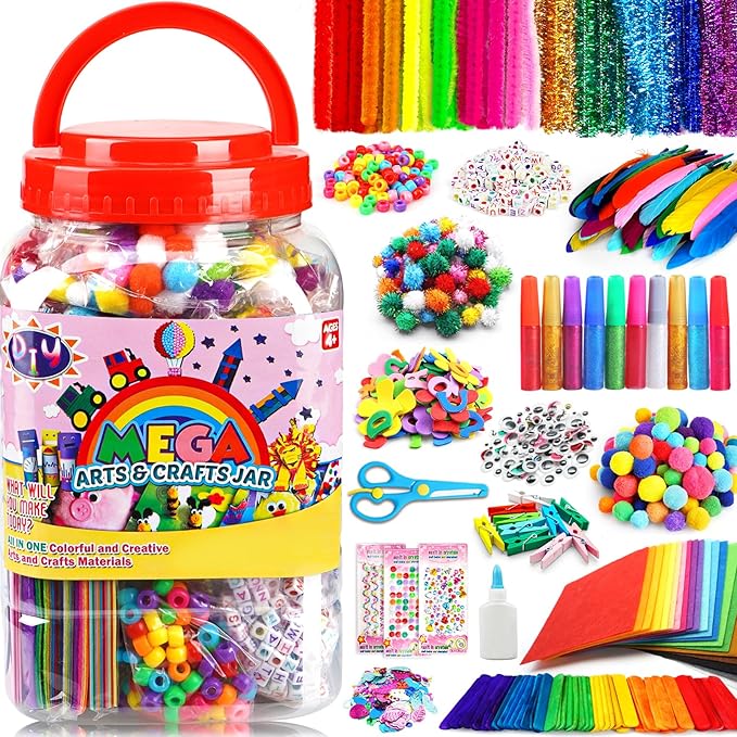 FUNZBO Arts and Crafts Supplies for Kids - Toddlers Craft Kit with Glitter Glue Stick, Pipe Cleaners, Popsicle Sticks, Pompoms & Stickers, Homeschool Supplies, Toys Crafts for Girls Boys Age 4+