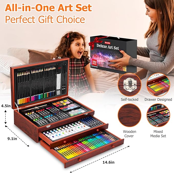 Soucolor Art Supplies, 192-Pack Deluxe Art Set Drawing Painting Supplies Kit with Acrylic Pad, Watercolor Pad, Sketch Book, Canvases, Acrylic Paint, Crayons, Pencils, Gifts for Artist Adults Teen Kids
