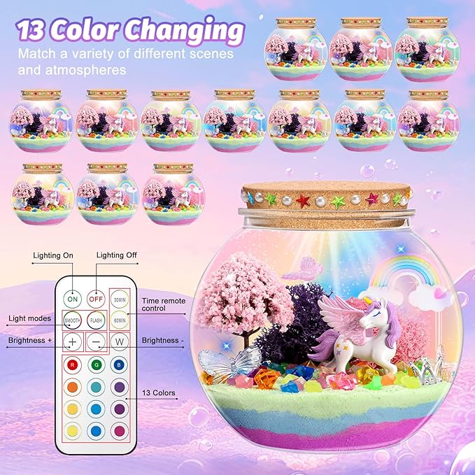 Unicorn Light-Up Terrarium Kit for Kids - Multicolor LED Night Light Birthday Gifts - Unicorn Toys for Girls Ages 4-6 7 8 9 10 Year Old - Kids Arts and Crafts Kit, Easter Ideal Gifts