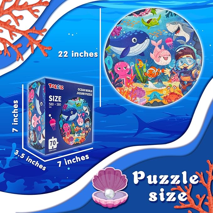 TALGIC Puzzles for Kids Ages 4-6, Large 70 Piece Round Ocean Floor Puzzles, Kids Puzzles 4-6 with Colorful Underwater World, Educational Learning Toys for 3, 4, 5, 6, 7, 8