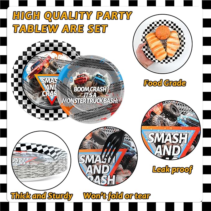 96Pcs Monster Truck Party Plates and Napkins for Monster Truck Birthday Party Supplies Paper Dessert Plates Tableware Set for Kids Boys 24 Guests Birthday Decorations