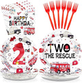 Grencian 96Pcs Two the Rescue Birthday Decorations Emergency Vehicle Theme Plates and Napkins Fire Truck Tableware Ambulance Dinnerware for Kid Emergency Vehicle 2 Years Old Birthday Party Decorations