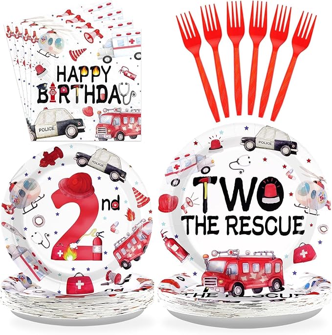 Grencian 96Pcs Two the Rescue Birthday Decorations Emergency Vehicle Theme Plates and Napkins Fire Truck Tableware Ambulance Dinnerware for Kid Emergency Vehicle 2 Years Old Birthday Party Decorations