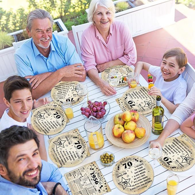 CHUNNIN 50pcs 70th Birthday Plates and Napkins 70 Year Old Birthday Party Decorations Vintage Back in 1956 Dessert Plates Vintage 1956 70th Theme Disposable Tableware Set for Men Women Party Supplies