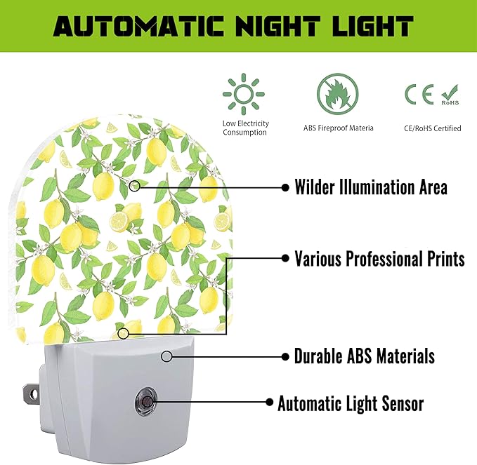 Lemon and Flowers Night Light for Kids,Lemon Fruits and Floral Tree Plug in Night Light with Dusk to Dawn Sensor, 0.5w Energy Saving Nightlight for Hallway Stairway Kitchen Bedroom