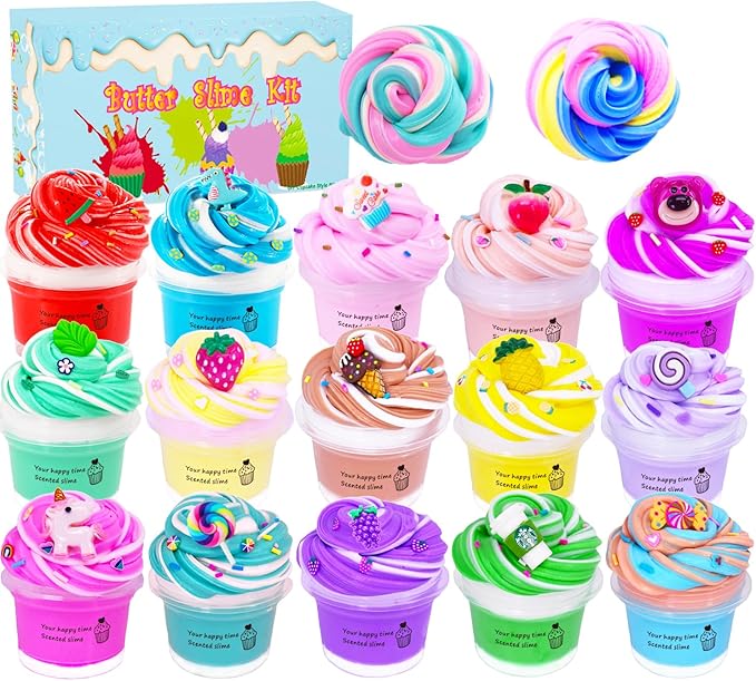 15 Packs Duo Colored Butter Slime Kit, Non Sticky, Super Soft Sludge Toy, Birthday Gifts and Party Favors for Girls & Boys