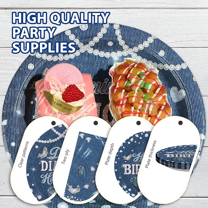 96Pcs Denim and Diamonds Birthday Party Decorations Denim Theme Jacket Jeans Plates and Napkins Crystal Diamonds Tableware Set for Women Birthday Bachelorette Bridal Shower Wedding Supplies Serves 24