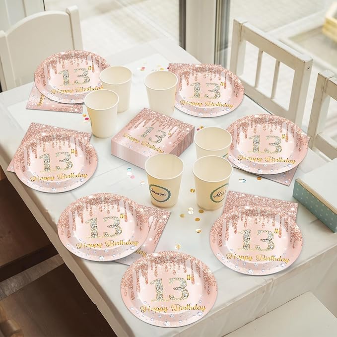 50Pcs Rose Gold 13th Birthday Party Plates and Napkins Girls Rose Gold 13th Birthday Party Decorations Happy 13th Birthday Party Tableware Set Serves 25 Guest Pink Girls 13th Birthday Party Supplies