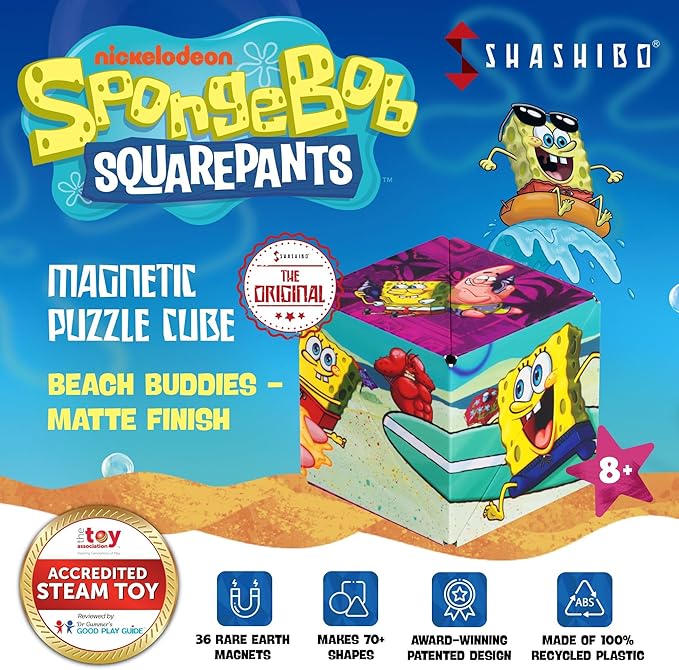 SHASHIBO Spongebob Squarepants Shape Shifting Box - STEM Magnetic Fidget Cube that Transforms Into Over 100 Shapes, Download Fun in Motion Toys Mobile App (Beach Buddies)