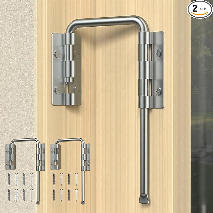 Patio Sliding Door Loop Lock, U-Shaped Rotating Latch, 90° / 180° Adjustable Door Lock for Uneven Surfaces, Child & Pet Safety Lock for Sliding Doors, Windows & Gates, (Sliver, 2 Pack)