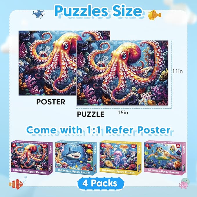 4 Pack 100 Piece Puzzles for Kids Ages 4-8, Large Piece Kids Puzzles Ages 4-6 6-8 8-10, Ocean Theme Jigsaw Puzzle Toys, Educational Family Puzzles Gifts for Boys and Girls