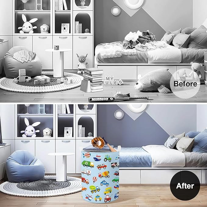 Clastyle Large Construction Truck Kid Laundry Hamper with Handle Boy Bedroom Bathroom Nursery Collapsible Clothes Toy Storage Basket with Lid, Blue, 36x45 cm
