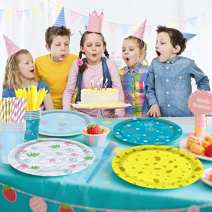 168PCS Cartoon Ocean Party Supplies for Girls Boys Kids Yellow Undersea Happy Birthday Party Decorations Dinnerware Set Napkin Cups Forks Knives Straw for 24 Guests