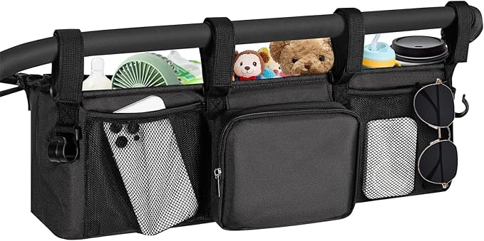 Double Stroller Organizer for Bob Duallie and Baby Jogger City Mini GT2, Double Baby Stroller Accessories with 2 Cooler Pockets, Parent Console Double Jogging Stroller Caddy with Zipper Bag(Bag Only)