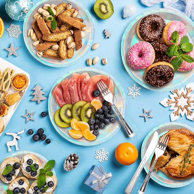200 pieces of silver party supplies, disposable tableware set, silver paper plates, cups, napkins, plastic knives, forks and spoons, for 25 people