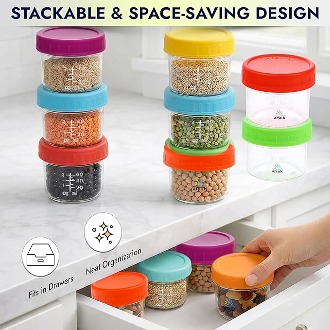 ARSUK 4 oz Glass Food Storage Containers with Screw Lids (12 Pack) - Small Glass Jars for Sauces, Spices, and Meal Prep - Reusable, Dishwasher, Microwave, Fridge, and Freezer Safe