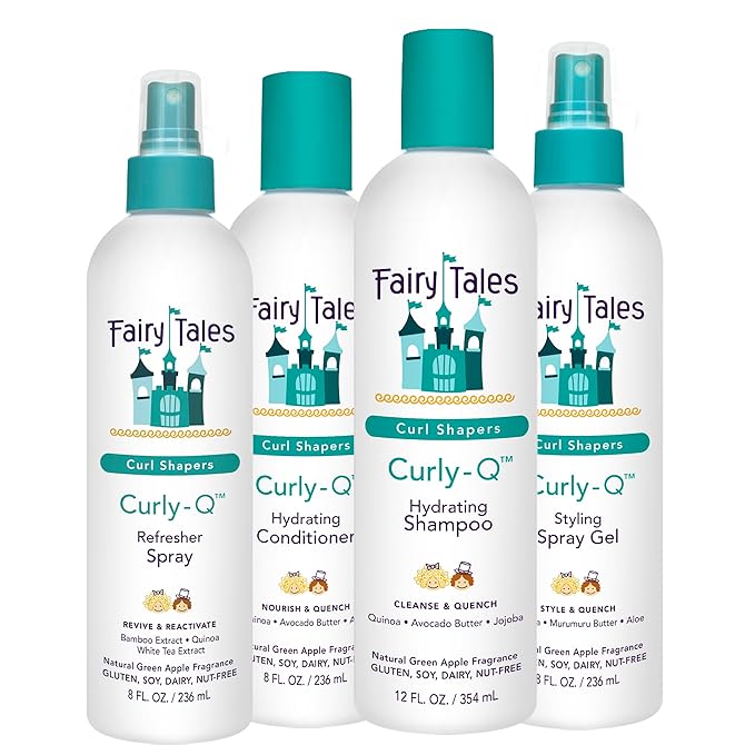 Fairy Tales Curly Q Hydrating Kids Shampoo 12oz, Conditioner 8oz, Styling Spray Gel 8oz & Refresher Spray 8oz - Paraben, Sulfate, Gluten & Nut Free - All Curl Types Incl. Multi Cultural Hair (4 Pk)