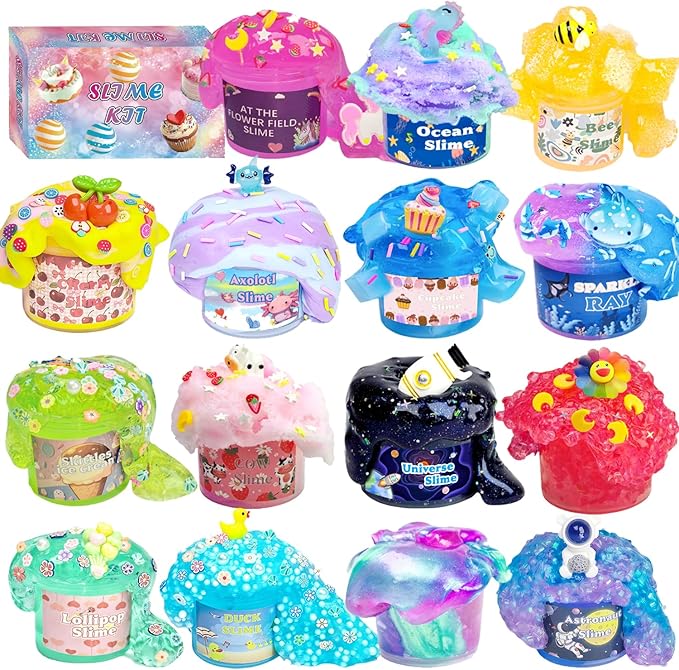 UIVIEHIR Magical Slime Collection 15pack Sensory Play Set with Ocean, Universe, Flower Field, Bee, Cupcake, Galaxy Themed Slimes, Kids Stress Relief Toy