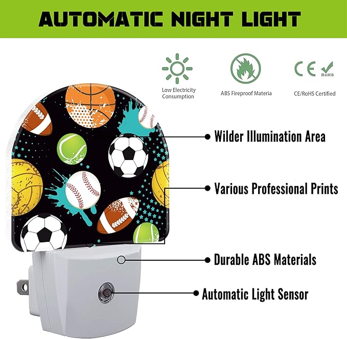 Cartoon Sports Balls Night Light for Kids,Various Balls Plug in Night Light with Dusk to Dawn Sensor, 0.5w Energy Saving Nightlight for Hallway Stairway Kitchen Bedroom