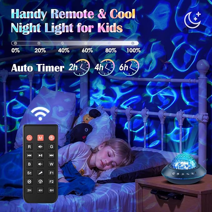 PIKOY Galaxy Projector for Bedroom, White Noises & Bluetooth Night Light Projector,360° Full Coverage Ceiling Projector Galaxy Light Projector,Remote Timer Night Sky Projector Ocean Light Projector