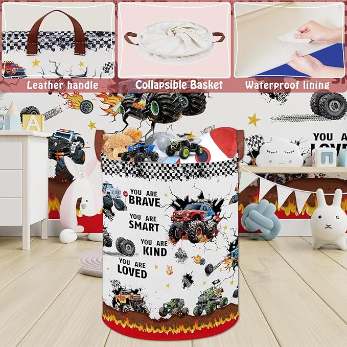 Monster Trucks Laundry Hamper Basket Kid Gift Toy Bin Empty Car Nursery Decor Hamper,Storage Basket Collapsible Clothes Book Organizer Bin for Boy,Easter Gift (Monster Trucks-Fire)