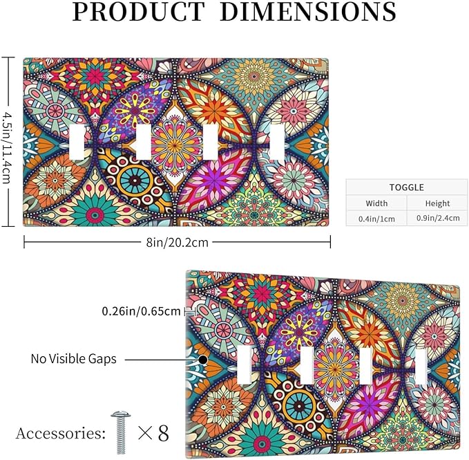 Boho Floral Pretty Colorful Mandala Flowers Light Switch Covers Quad Toggle Electrical Faceplate 4 Gang Wall Plate Decorative Switch Plates for Bedroom Living Room Decor