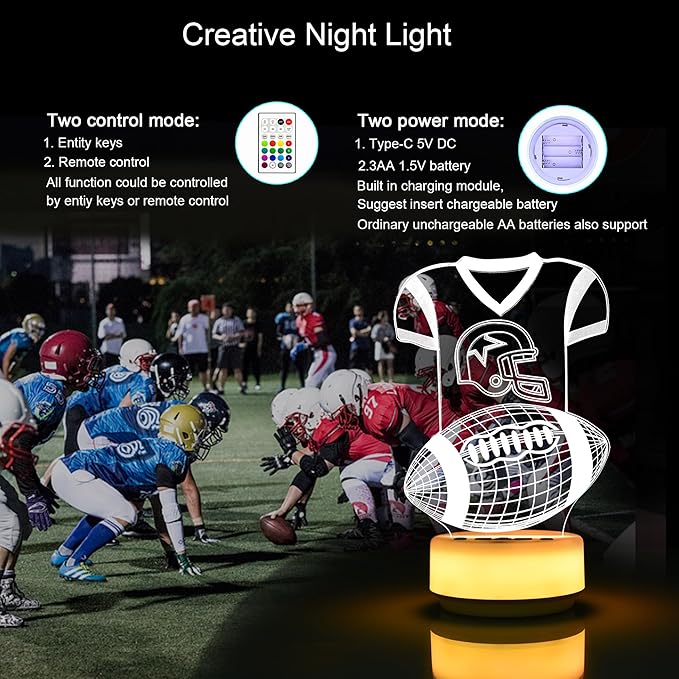Football Gifts Night Light for Kids-Sports Footballs Decor Bedside Lamp for Football Fan, 14 Color with Remote Control/Buttons + Timer + Dim Function, Birthday Holiday Gift for Boys & Girls