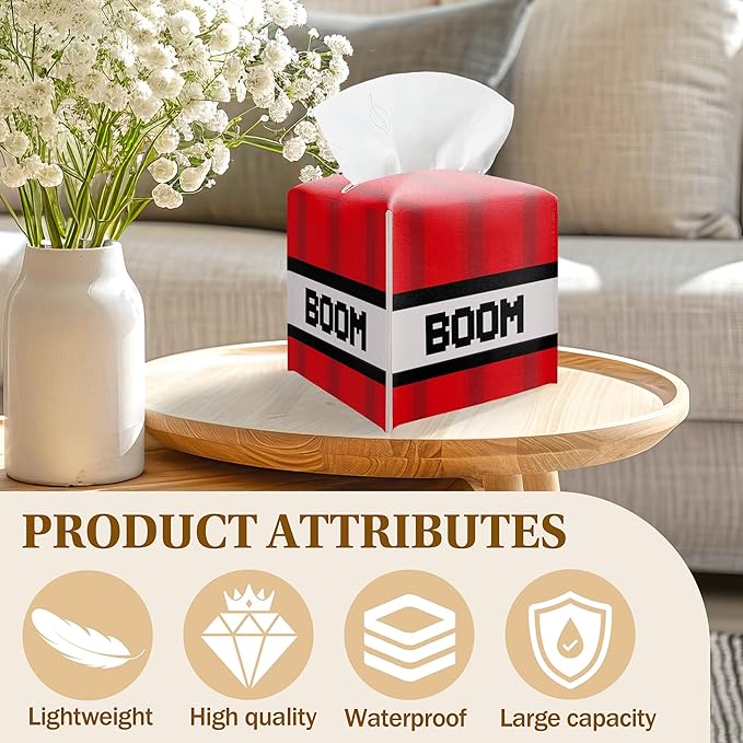 Pixel Tissue Box Cover, Tissue Box Holder Square Leather Facial Paper Organizer, Themed Red and White Pixel Art Design, Birthday Party Supplies, Baby Shower Decorations