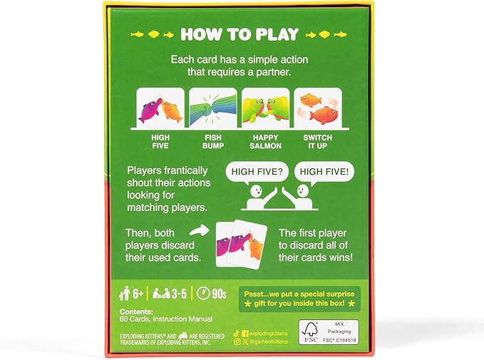 Exploding Kittens Happy Salmon Grab & Game - 3-8 Players - Ages 6+ - 90 Second Rounds - Travel Sized Cards - Easy to Learn Quick Matching - Party, Family Night, Kids and Adults