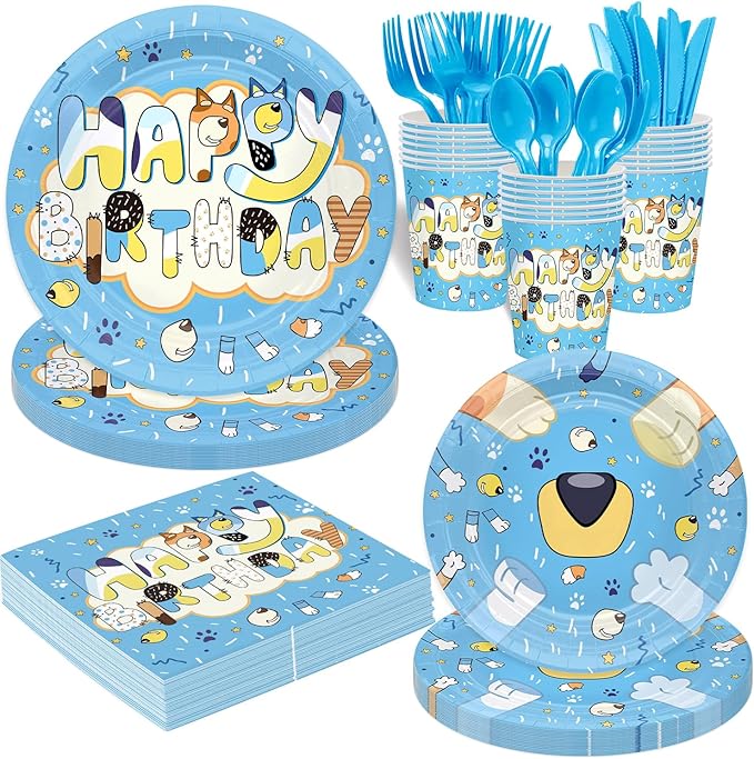 Blue Cartoon Dog Theme Party Supplies for 24 Guests,Blue Dog Birthday Decorations Disposable Tableware Set With Plates, Cups, Napkins & Cutlery For Kids Child Themed Birthday Party